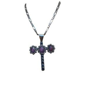 Vintage Sterling Silver Cross Pendant Necklace Star Ruby & Blue Sapphire Cabocho
